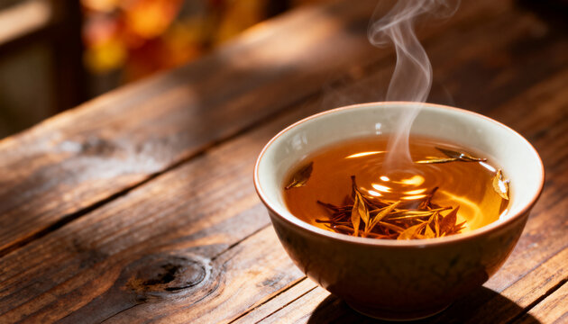 soothing image of hot tea in a porcelain cup illuminated by warm side lighting with a better rich color on wooden table for mindfulness theme
