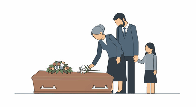 A somber family of three mourns at a funeral, placing flowers