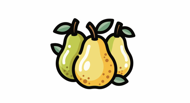 Three cartoon pears with leaves, two yellow and one green
