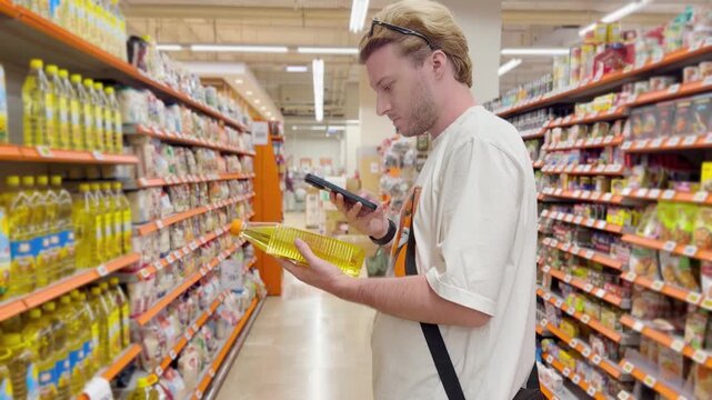 Young man shopping in supermarket, reading product information	