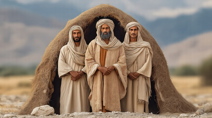 Fototapeta premium Three angels visiting Abraham, standing near the tent, biblical scene of divine visitation, hospitality, and sacred encounter in a serene setting