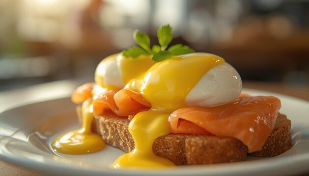 Eggs benedict with smoked salmon and hollandaise sauce white plate food photography egg yolk nicely decorated breakfast appetizer delicious restaurant close-up appetizing traditional