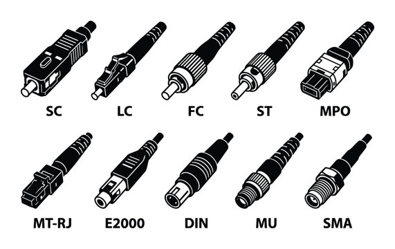 Collection of common fiber optic connectors illustration. SC, LC, FC, ST, MPO, MT-RJ, E2000, DIN, MU, SMA types shown.