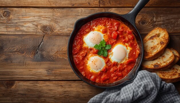 Shakshuka eggs poached in spicy tomato sauce served in cast iron skillet with bread middle eastern bell pepper shakshuka breakfast traditional homemade restaurant mediterranean gastronomy