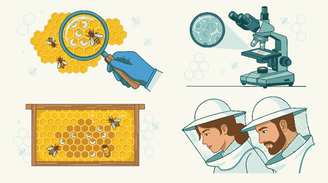 Beekeepers in protective suits working together.