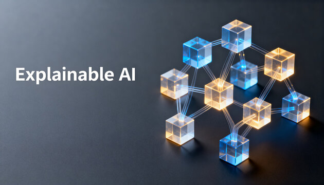 explainable ai logic tree with a better high end 3d visualization featuring minimalist geometric cubes as glowing translucent nodes and fiber optic