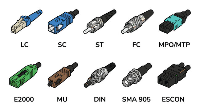 Detailed vector illustration displays ten distinct fiber optic connectors essential for networking.