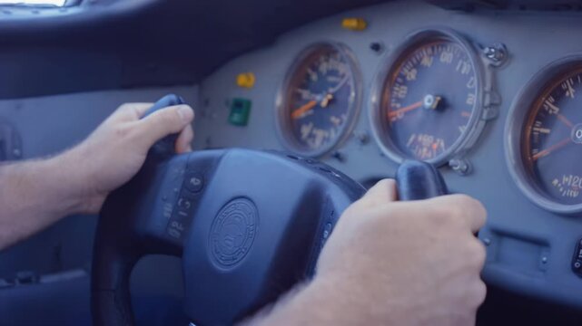 Male driver grips steering wheel firmly while adjusting vehicle controls, showcasing dashboard instruments and interior details in a close-up view