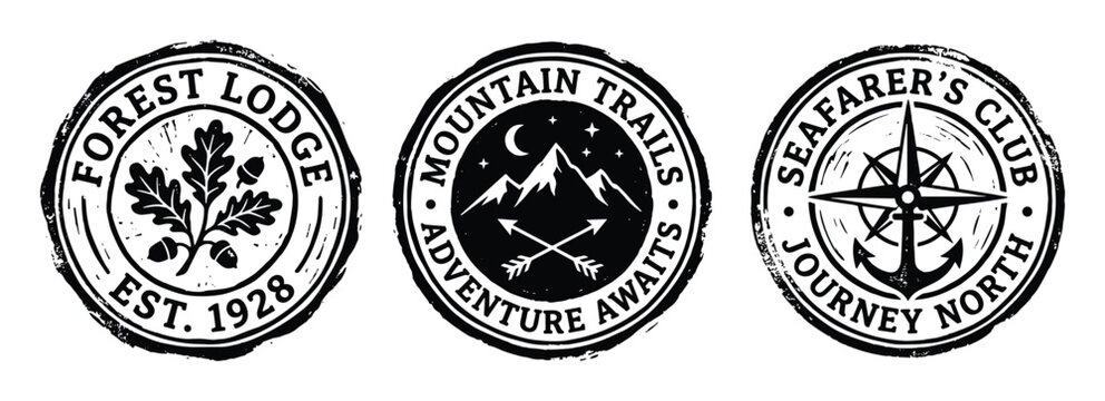 Distressed outdoor adventure emblems featuring forest, mountain, and seafarer designs.