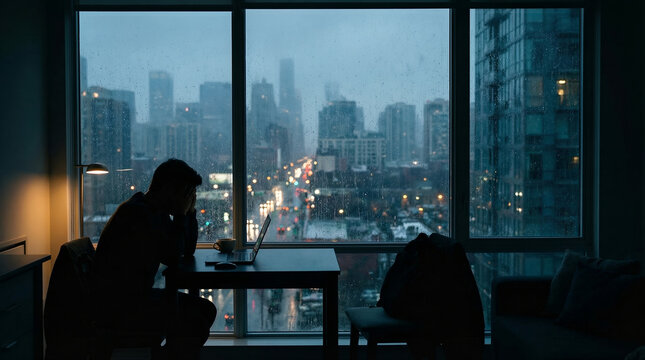 Moody city design interior office silhouette man work laptop window rain night reflection concept