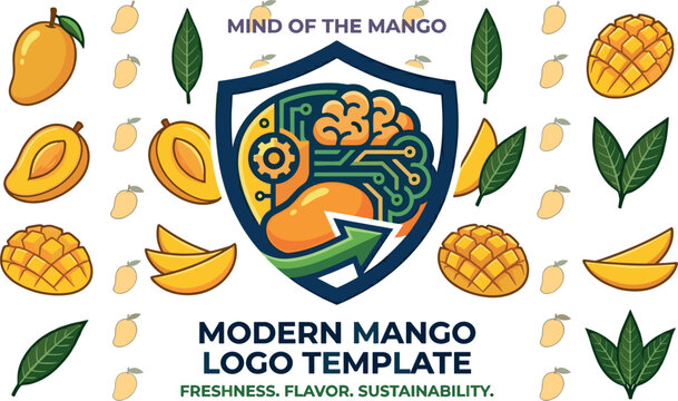 Modern mango fruit logo template with smart agriculture circuit brain technology inside shield shield vector illustration bundle