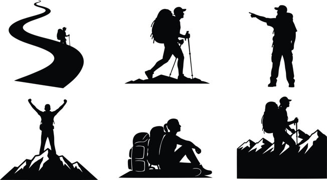 Hiking travel vector silhouette elements set mountain tourist backpacker walking adventure.