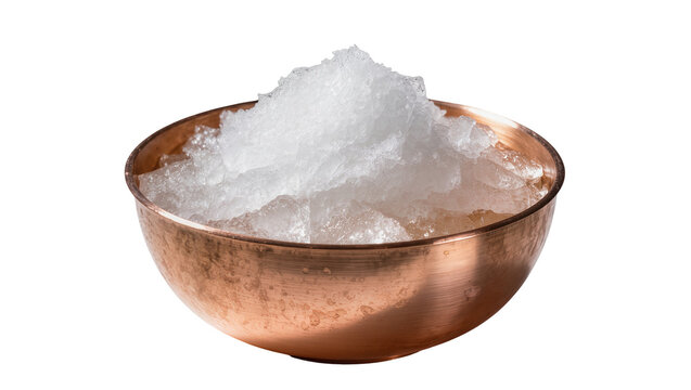 Crushed ice piled high in a rustic copper bowl, isolated on transparent background