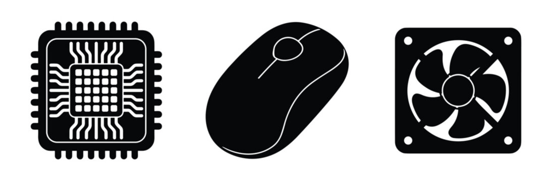 Set of technology icons showing a computer processor chip, mouse, and cooling fan symbols