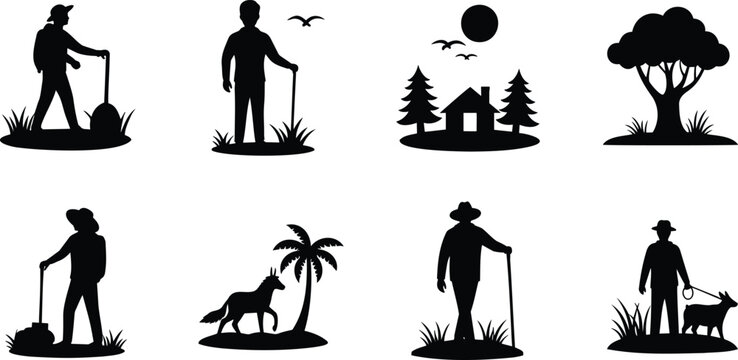 Outdoor hiking adventure silhouettes with diverse people nature trees and walking sticks.