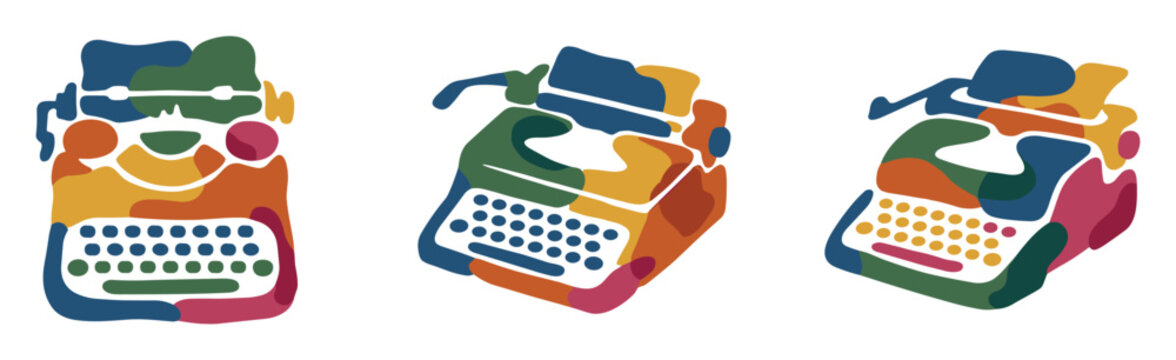 Set of three abstract typewriter illustrations with colorful organic shapes.