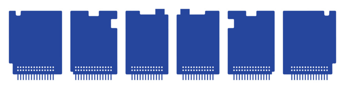Six blue electronic module silhouettes with varied top keying notches and pin connectors.