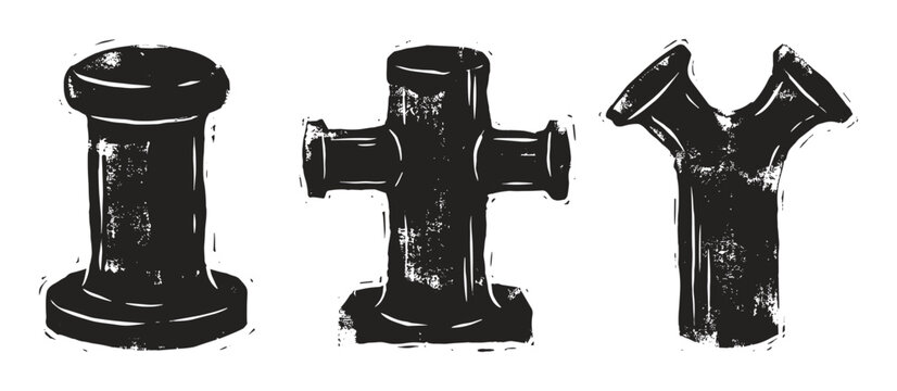 Three different types of marine bollards in a distressed black and white graphic style