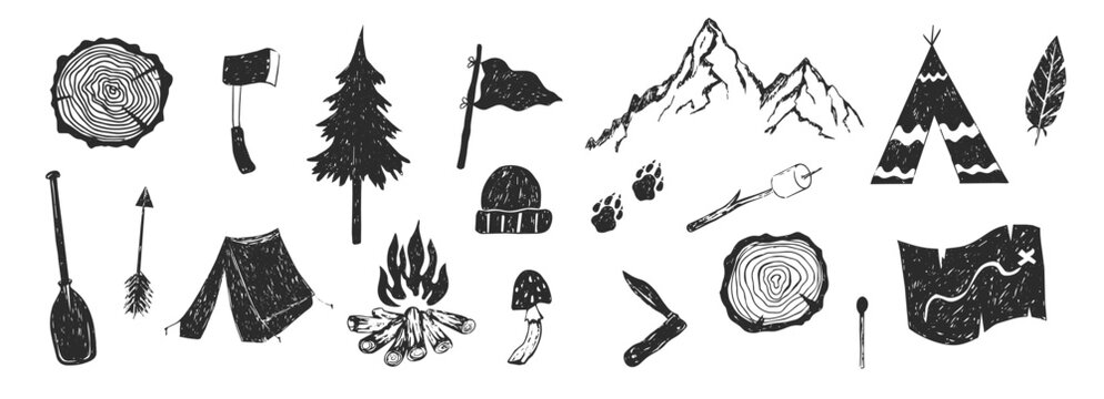 Camping linocut set, campfire and tent, deer footprint and horns. Hiking equipment hand drawn textured. Wood cut log, pine tree shape. Nature adventure.