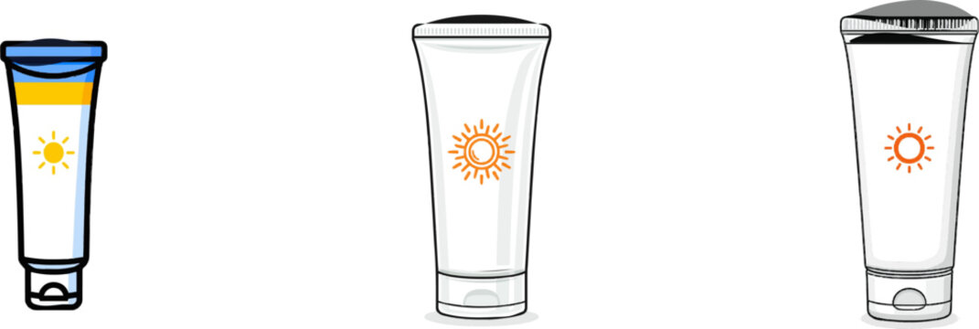 A minimalist sunblock cream tube in vibrant colors features a flip-top cap and a small sun icon on its front