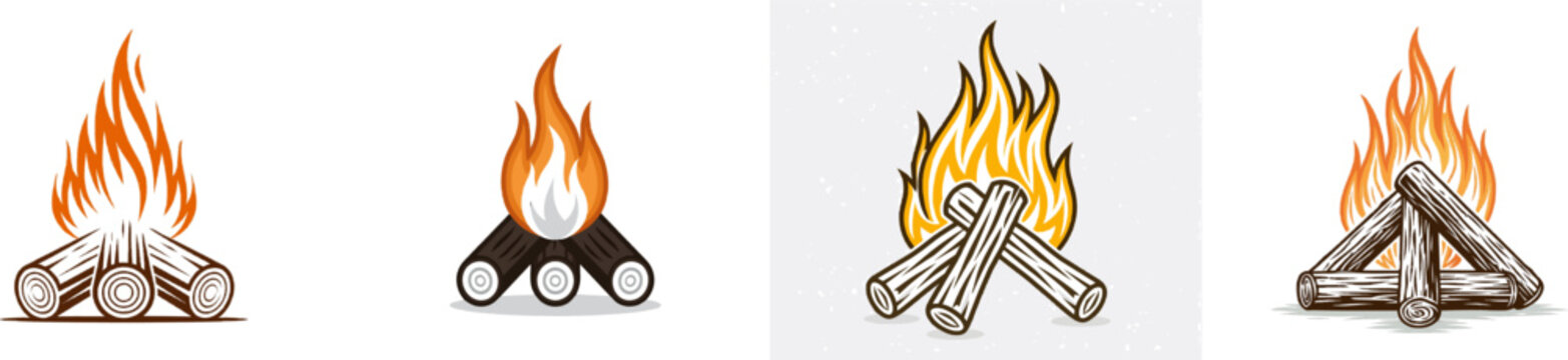 A minimalist geometric design of three logs arranged in a triangle with stylized flames rising above them, rendered in flat 2D vector art with solid colors, isolated on a white background