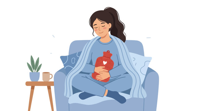 Woman with hot water bottle, feeling unwell