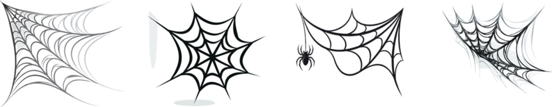 A minimalist spider web design featuring three straight lines radiating from a corner with curved connecting lines in soft gray, charcoal, and white colors on a high-resolution vector art background