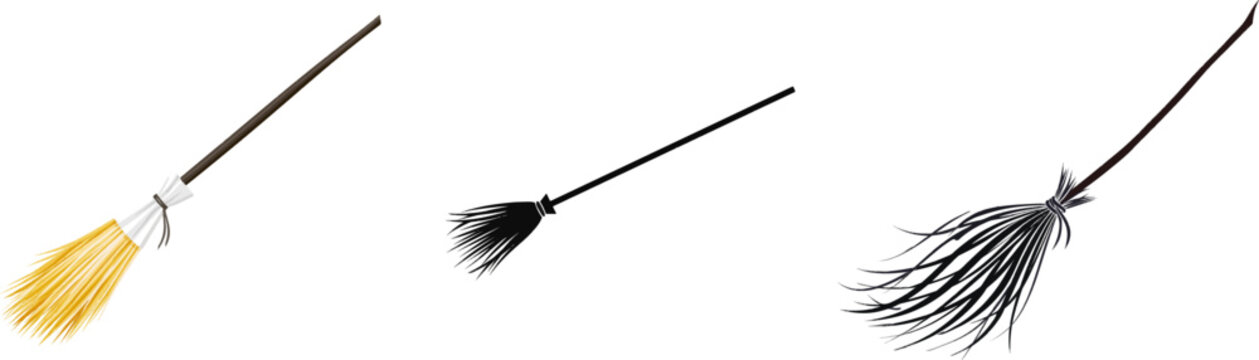 A minimalist vector illustration of a witch broomstick with dark brown handle, straw yellow bristles tied with white tape and cord, set against a diagonal orientation on a solid white background