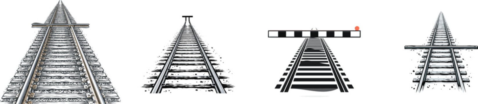 A minimalist vector illustration of two parallel railway tracks converging into a thick horizontal T-shaped metal barrier, rendered in flat 2D design with slate gray, rusty brown, and white colors on