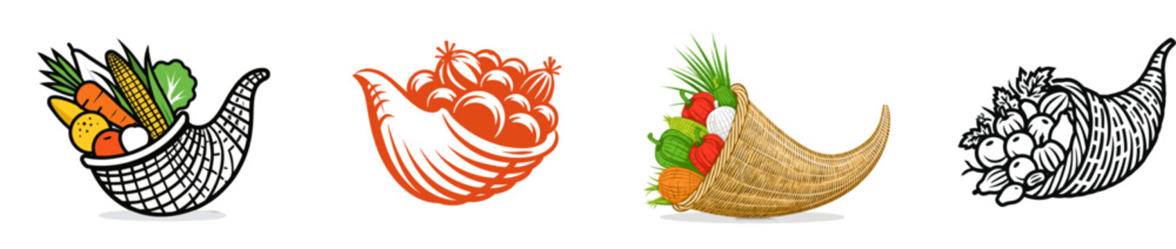 A minimalist vector illustration of a cornucopia basket filled with fresh produce, rendered in flat 2D design with a straw yellow, burnt orange, and white color palette, isolated on a white background