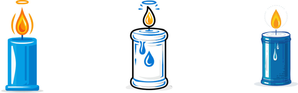 A minimalist blue pillar candle with a single teardrop flame and halo, rendered in flat vector art style on white background