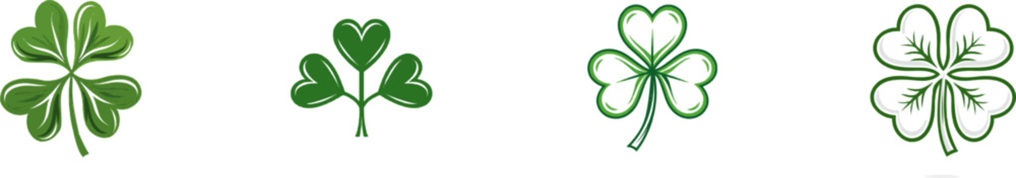 A minimalist, flat 2D vector art depiction of a three-leaf clover with heart-shaped leaves connected by a thin stem, rendered in solid colors on an isolated white background