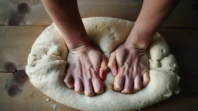 Hands kneading dough on a wooden surface. The scene captures the process of baking, emphasizing texture and the act of preparing food.