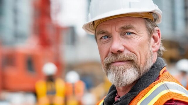 Experienced Construction Worker: A seasoned construction worker, donning a protective helmet, stands confidently against the backdrop of an active construction site.