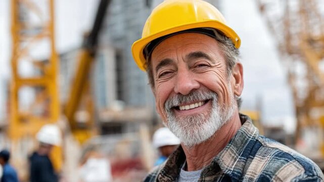 Smiling Construction Worker : A close-up shot of a construction worker, radiating positivity, donning a yellow hardhat and a warm smile, set against the backdrop of a bustling construction site.