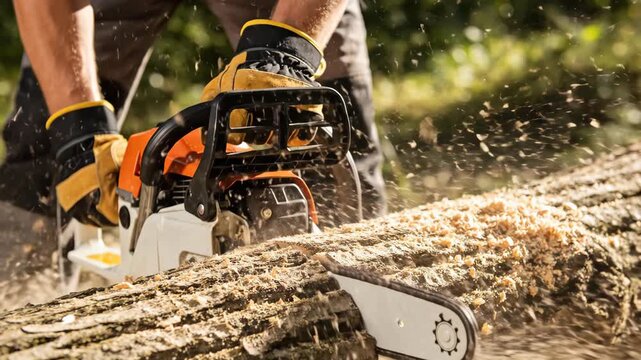 Professional lumberjack cutting a thick wooden trunk with a powerful chainsaw in the bright sun.