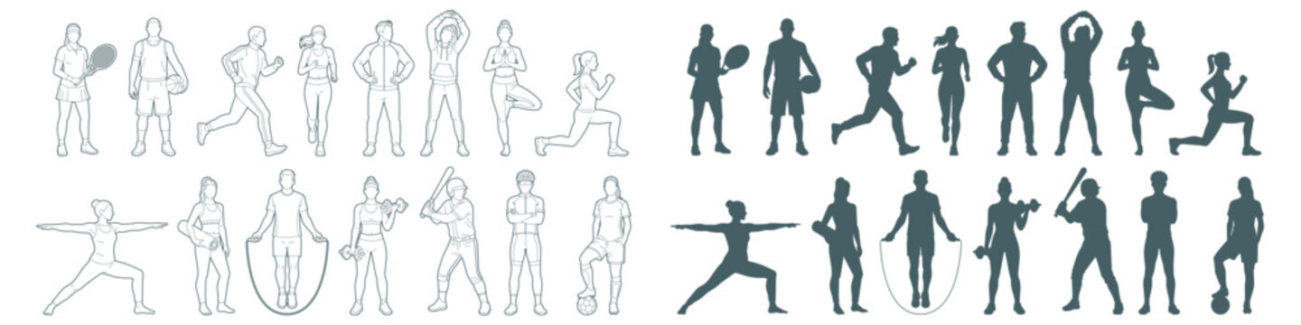 Architecture CAD drawing elevation elements of men and women in sports and fitness activities with line art and silhouettes of running, yoga, lifting, and playing games