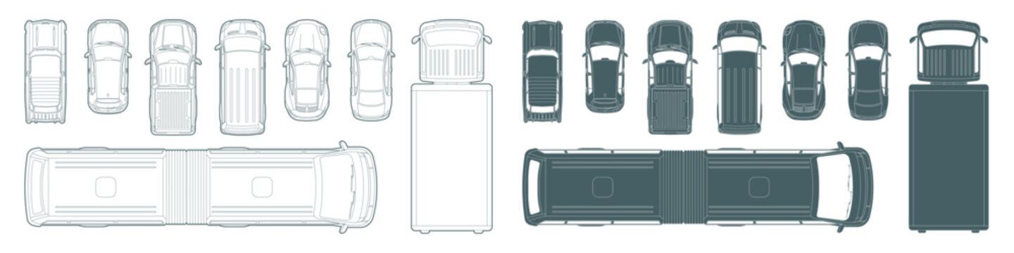 Set of top down view vehicles, cars, bus, and trucks in outline and silhouette styles for architecture elements map plan isolated on transparent background