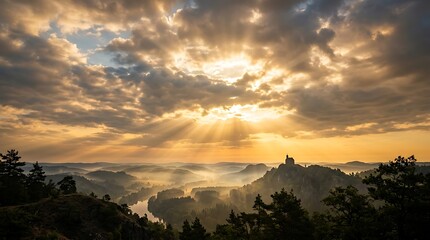 Sunrise ascension over mountains on a beautiful day with cloudy sky
