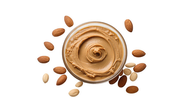 Creamy almond butter swirl in glass bowl with whole almonds scattered around, isolated on transparent background