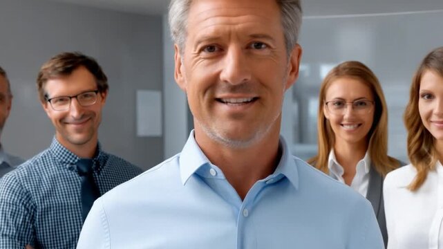 Confident Team Leadership: A close-up view of a confident and charismatic leader, beaming with a genuine smile, stands at the forefront of a supportive team.