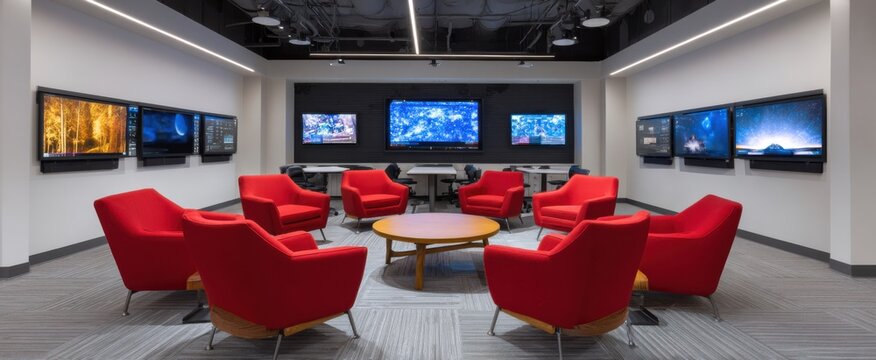 The co-gaming room features sleek modern seating and numerous vibrant multiple monitors.