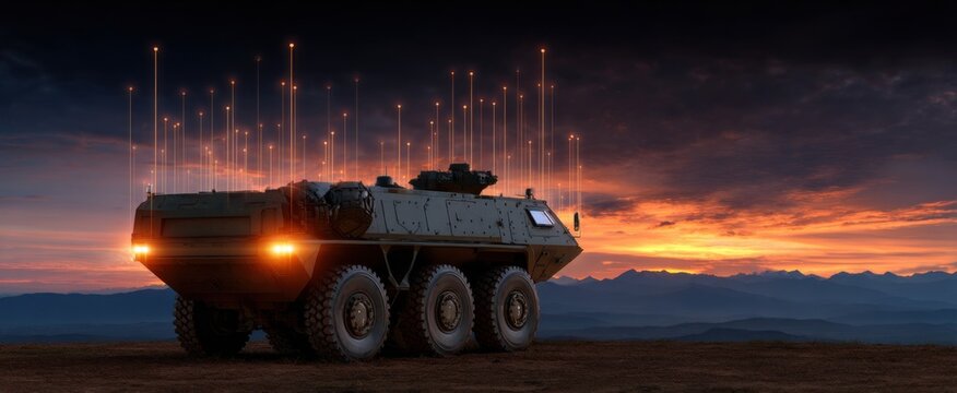 Electronic warfare jammer system switched on military ride at twilight.