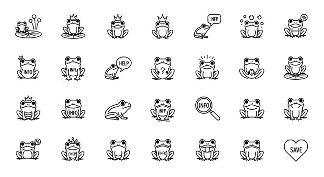 Cute Frog Icons Collection Kawaii Style Vector Art Frog Characters With Crowns And Info Symbols