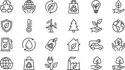 Ecology and sustainability line icons set featuring recycling green energy wind power electric car planet earth eco house and environment protection symbols for conservation. © MdMahfizur
