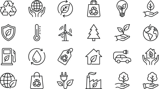 Ecology and sustainability line icons set featuring recycling green energy wind power electric car planet earth eco house and environment protection symbols for conservation.