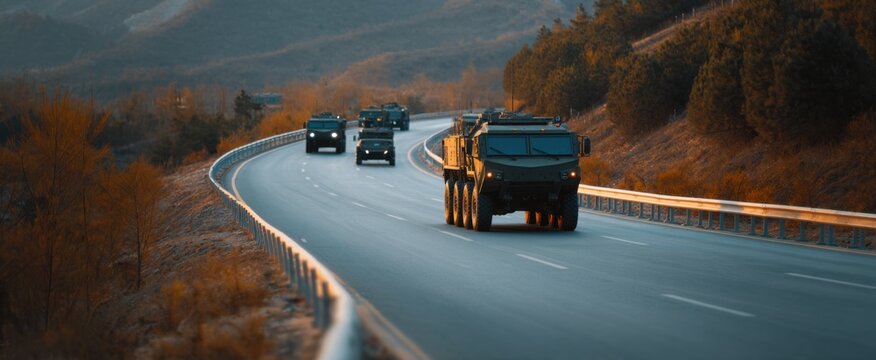 Military vehicles moving in a protected convoy along a paved roadway.