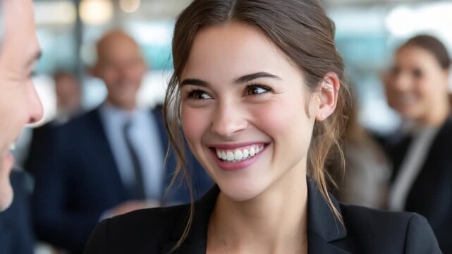 Radiant Interaction: A confident businesswoman engages in a friendly conversation, her genuine smile and professional attire capturing the essence of approachable professionalism.