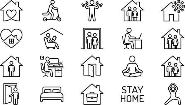 Stay at home and work from home line icons set featuring remote work meditation fitness house quarantine family and indoor lifestyle symbols for social distancing.
