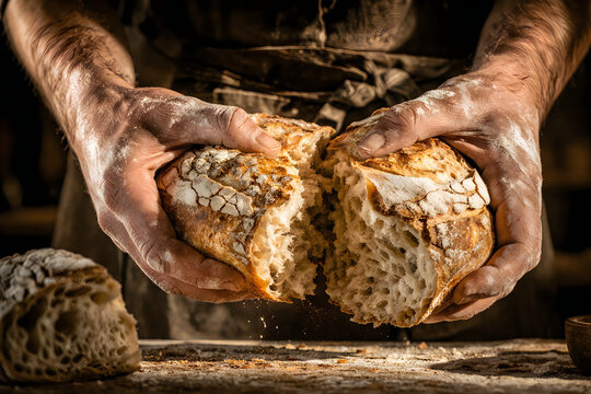 Bread breaking hands rustic bakery wooden table